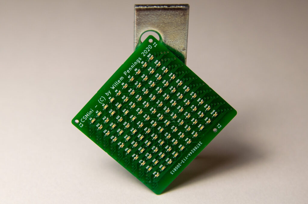 The ClockSquared Mini PCB standing on a corner